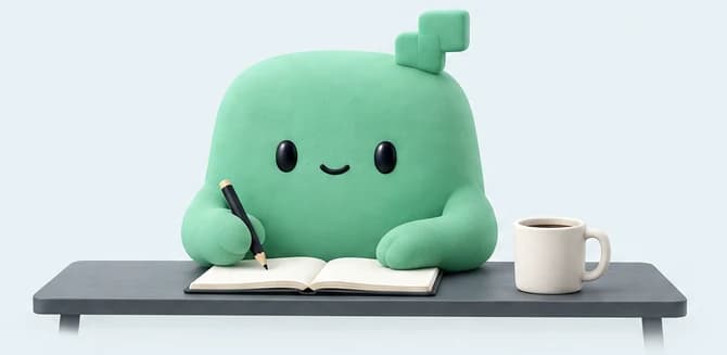 Maskotten Ditto sidder ved skrivebordet og skriver noter med en kop kaffe ved siden af